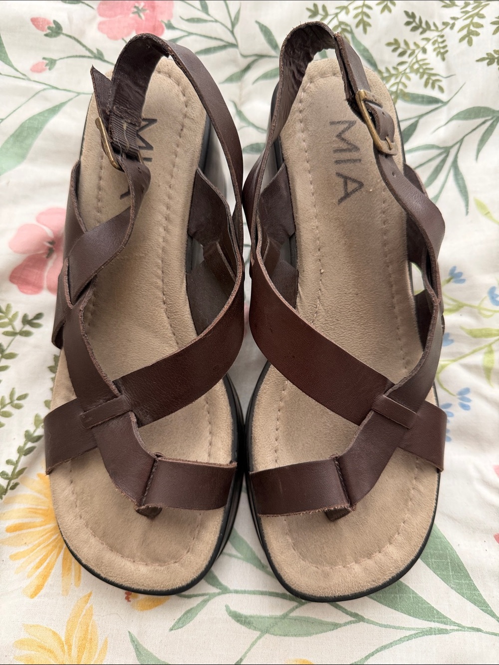 MIA Dark Brown Leather Crisscross Slingback Wedge Sandals, barely worn, size 8.5